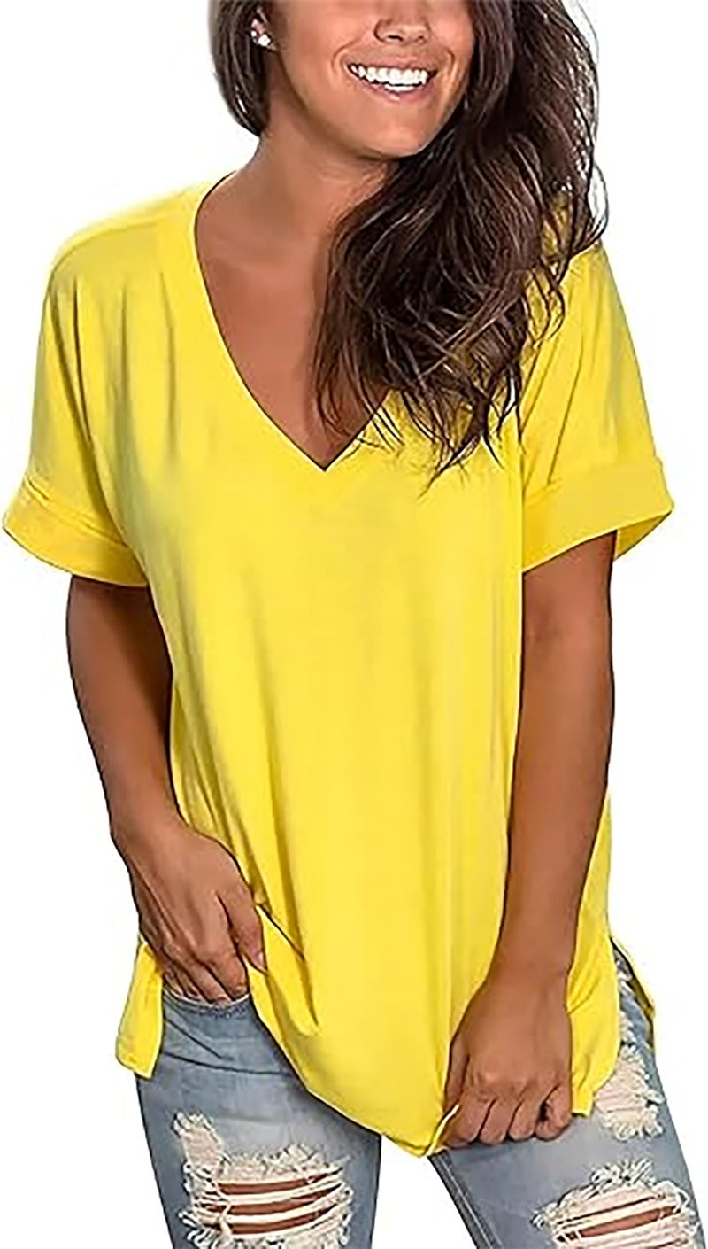 Sampeel Womens Short Sleeve V Neck Shirts Summer Casual Tops Blouses Yellow L - Image 1